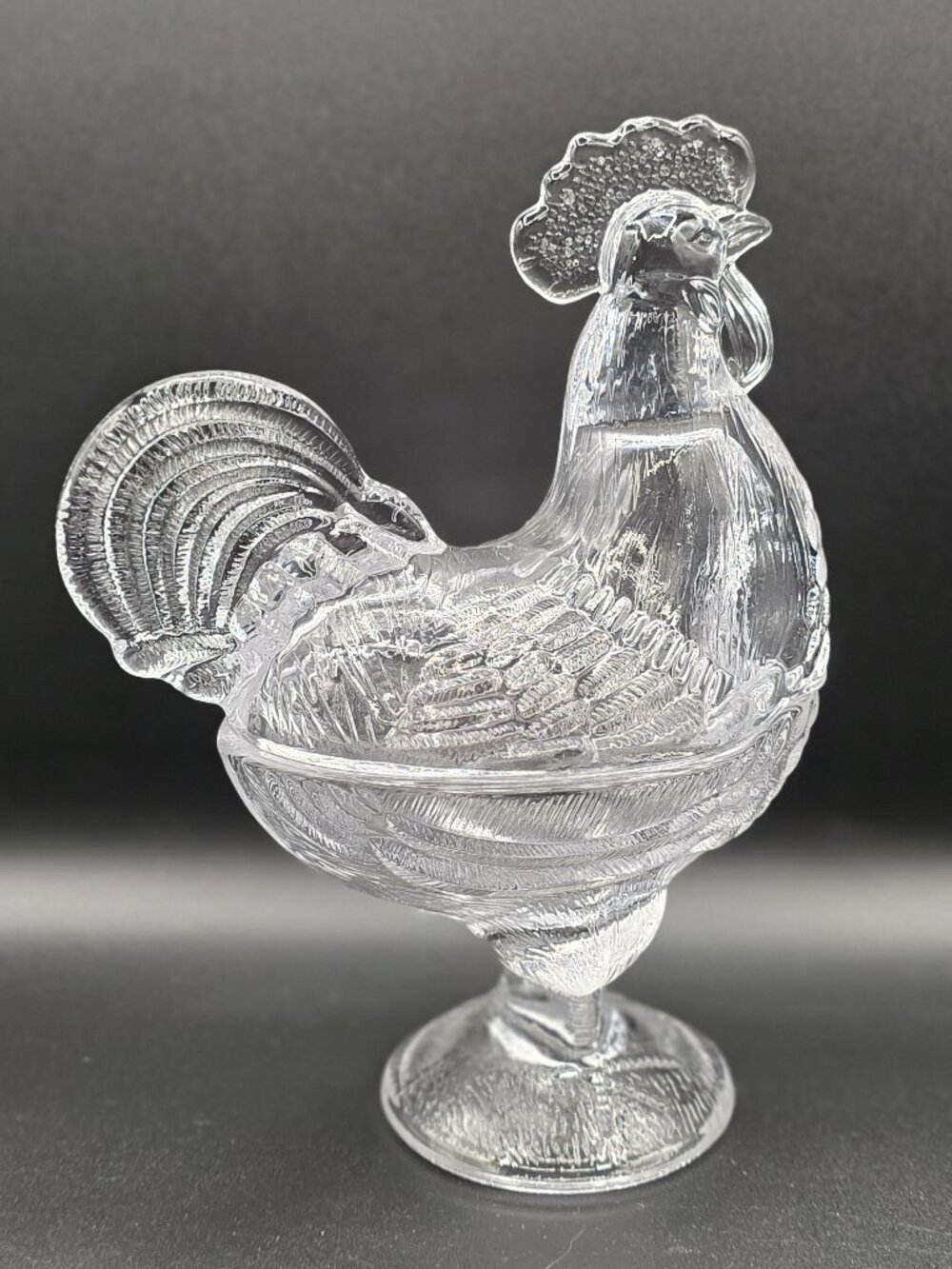 Vintage Clear Glass Standing Rooster Chicken Covered Candy Dish 9" Tall